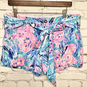 Lilly Pulitzer Pink Blue Floral Stretch Belted Tie Bow Zip Button Shorts Sz 6